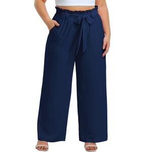 🆕 CUEPLY Wide Leg‎ Pants Size 1X High Waist Tie Belt Blue Palazzo Flowy